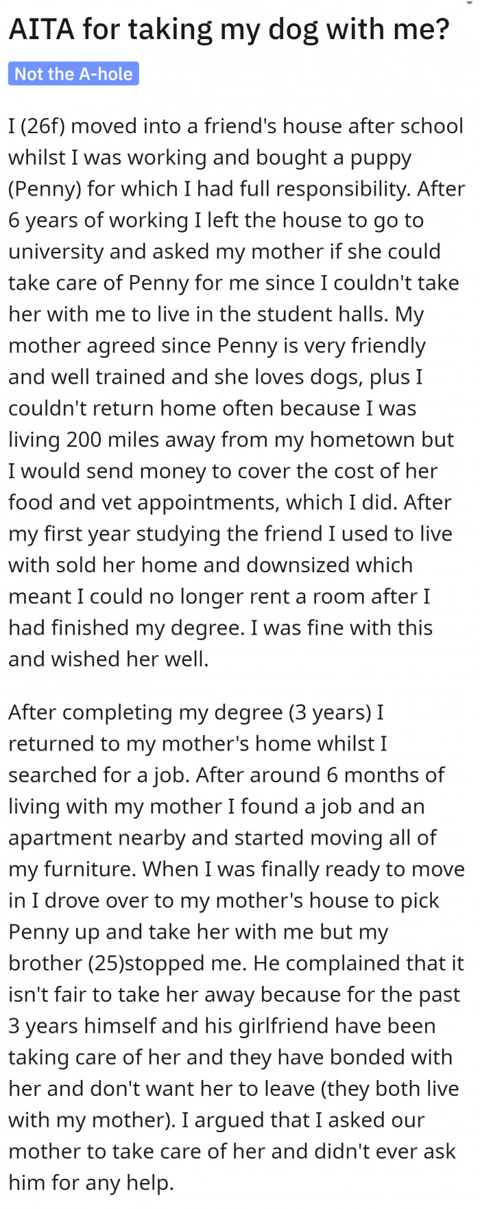 1. OP asked if she was wrong for taking her dog with her.