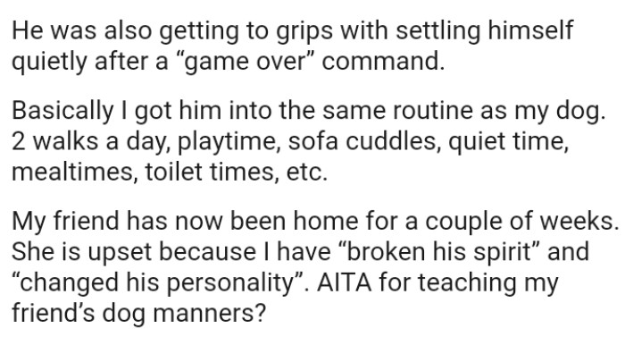 OP's friend has now been home for a couple of weeks, and she is upset because OP has “broken his spirit.”