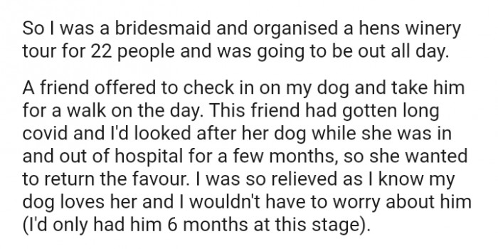 A friend offered to check in on the OP's dog and take him for a walk on that day