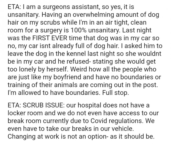 The OP added this edit so Redditors can know why it's unsanitary for her to have dog hair on scrubs