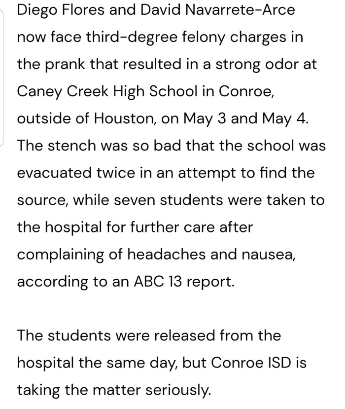 Diego Flores and David Navarrete-Arce are facing third-degree felony charges for their senior prank