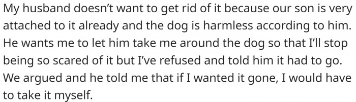 Her husband doesn't want to get rid of the dog because their son got attached to it.