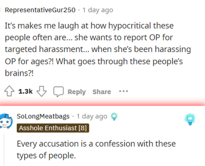 Clearly people do believe that OP's neighbor is harassing her by doing this stuff and OP has a right to report her or do whatever she needs to to protect herself.