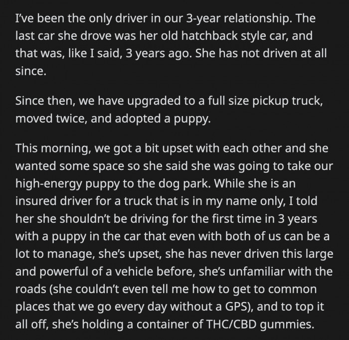 OP suggested that he drop her and the puppy off so they can walk around the neighborhood instead of the park