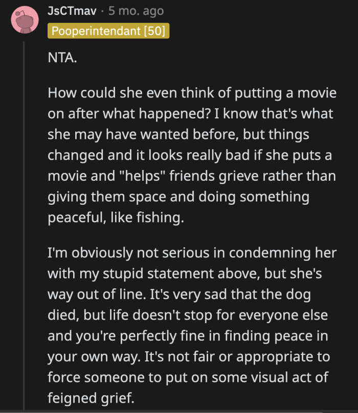 It would have been more offensive if OP stayed and gave a superficial performance of grief