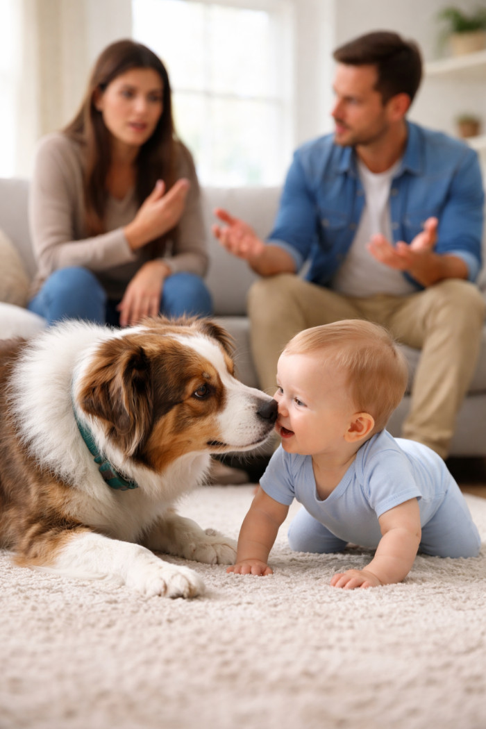 The OP’s husband encourages the dog to approach the baby and has joked about letting the baby ride the dog.