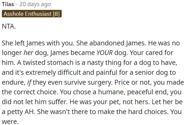 Despite the cost, OP chose a humane end for the dog instead of letting him suffer