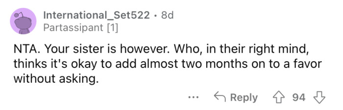 "NTA. Your sister is."