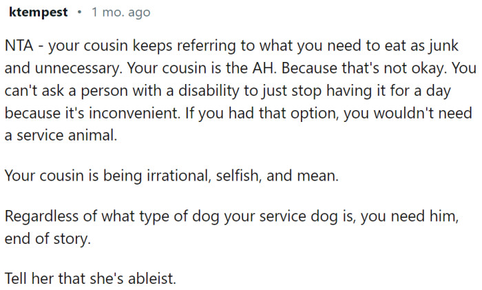 The cousin is clearly an ableist.