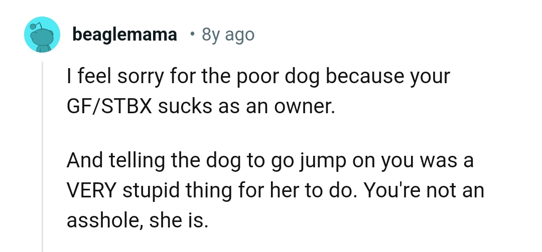 Telling the dog to jump on the OP was wrong