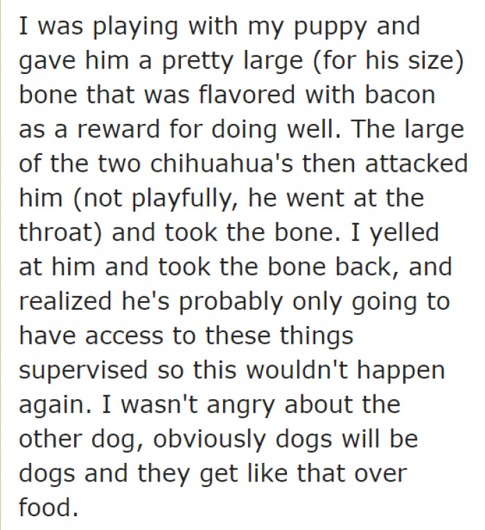 He gave his pupper a treat. The fight ensues.