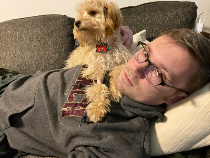 OP's pup is soldiering on despite the amusing shaved part of his leg.