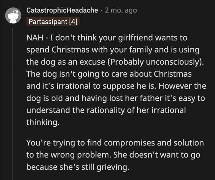 OP could be overlooking the real problem, which is his girlfriend not wanting to spend Christmas with his family (or anybody else) because she is still grieving.