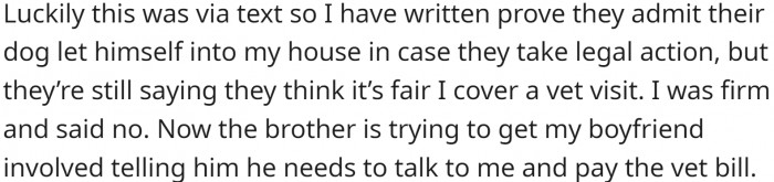 OP has texts where the dog owners say that dog entered her home, just in case they go legal on her