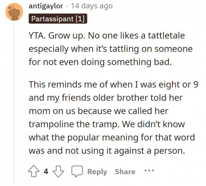 Earth to OP–be mature please. Snitches get stitches, but in this case, no one really said or did anything wrong.