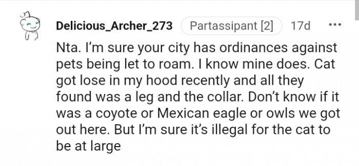 This Redditor is sure that it's illegal for the cat to be at large