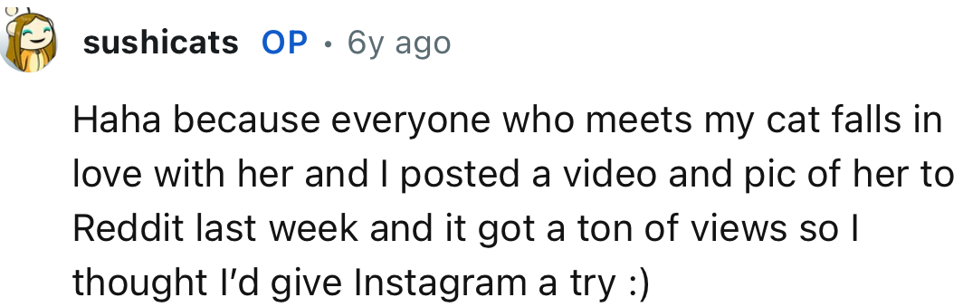 OP says anyone who meets their cat falls in love with her. So it’s safe to say that they want to show their cute critter off to the world