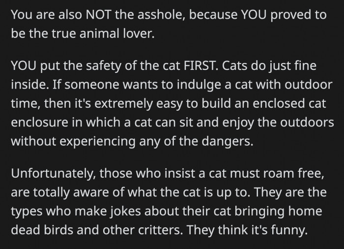 They also said OP displayed responsible behavior and put the cat's welfare first, while its owner simply didn't.