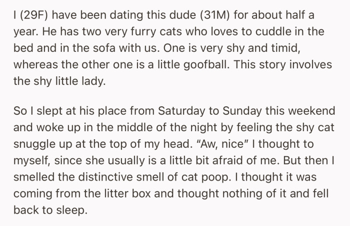 While snuggling with her boyfriend’s cat, she smelt cat poop, but didn’t react since she thought it was coming from the litter box