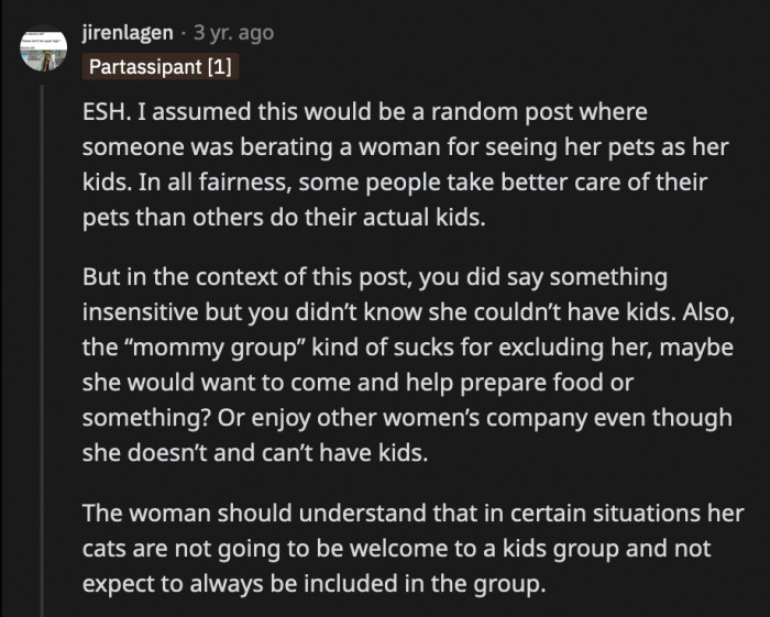 Someone pointed out that every person in this story behaved terribly — OP for saying something insensitive, the mommy group for excluding the coworker, and OP's colleague for expecting people to treat her cats the same as their kids