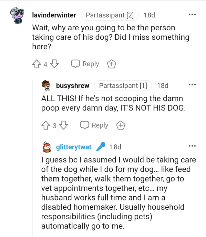 This Redditor wants to know why the OP has to be the one taking care of the dog