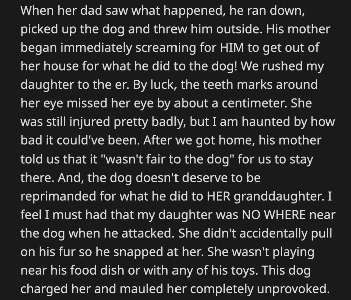 She feels betrayed that her MIL defended her dog after what he did to her granddaughter.