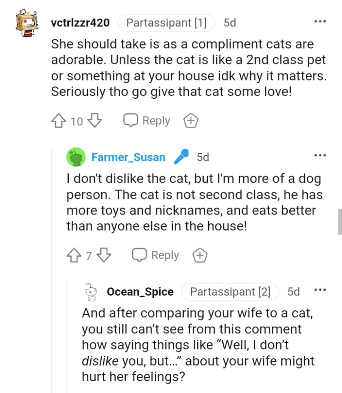 OP's wife should take it as a compliment because cats are adorable