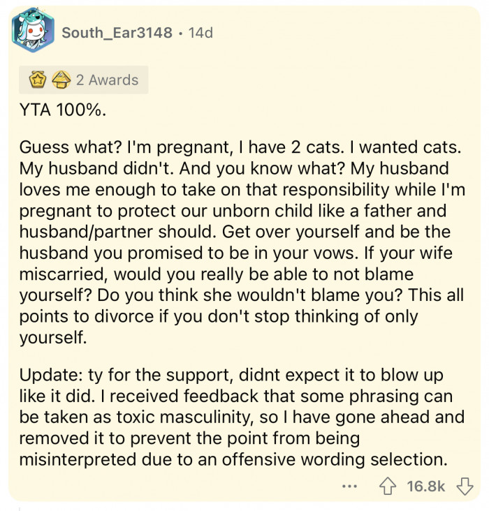 OP's decision is selfish and shows how little he cares.