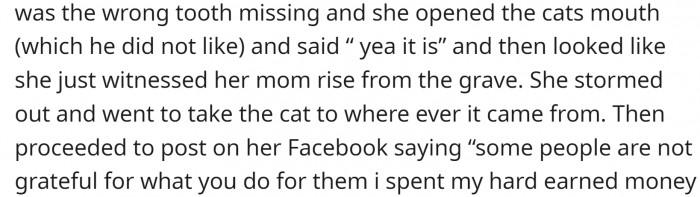 When OP told her nana that it wasn't Pocket and that the missing tooth was on the wrong side, she just stormed out, later posting something about ungrateful grandchildren on Facebook.