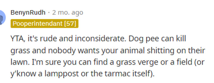 A lot of people are really worried about the lawn, and they're suggesting that OP find another spot for their dog to go to the bathroom.