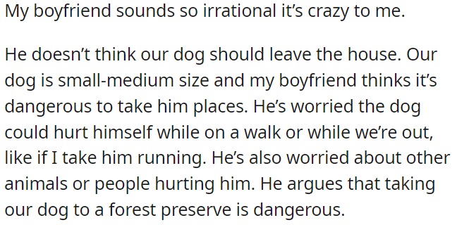 OP's boyfriend thinks it's too risky to take their small-medium-sized dog out of the house; he's concerned about potential accidents or harm from other animals or people.