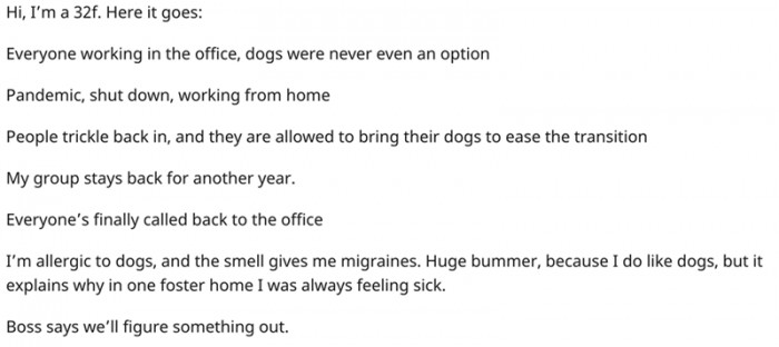 OP is going back to the office. But so are her coworkers and their dogs