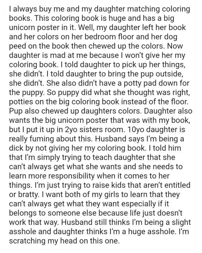 The OP's daughter's dog peed on the book then chewed up the colors