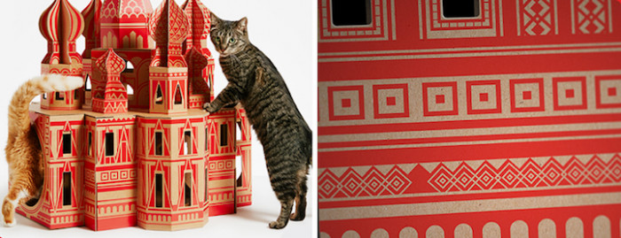 Kremlin themed cardboard cat house with tunnel entrance for lounging cats