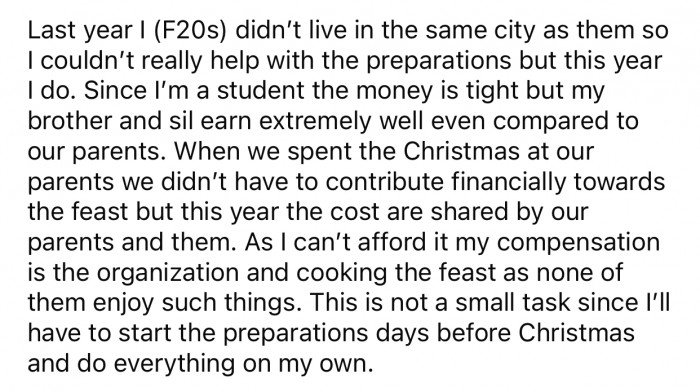 OP is a student, so she couldn't contribute financially towards this year's feast.