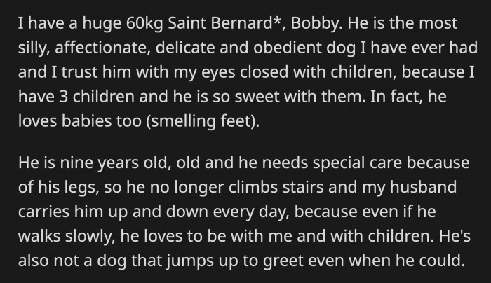 She asked if Bobby could stay outside or be locked in a room all day since all he does is lay around.