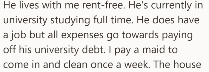 By detailing his situation and her contributions, she frames the conflict as one happening on unequal footing.