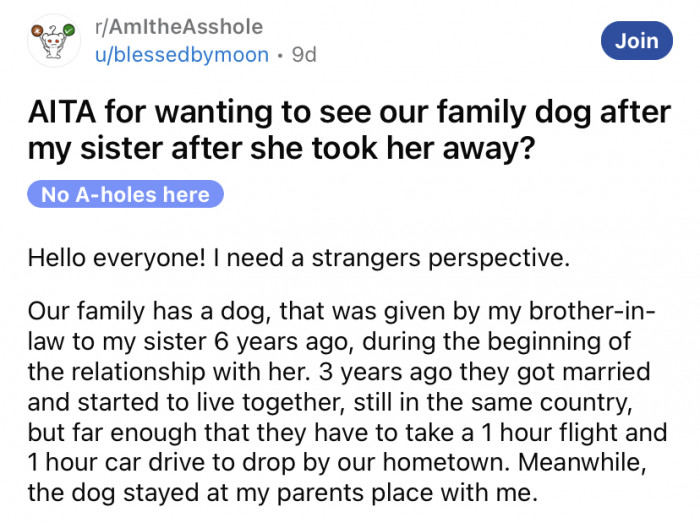 The Redditor explained that at the beginning of her sister's relationship with her brother-in-law, he had given her a dog.