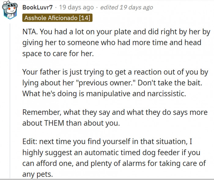 2. OP made the right call with Lucy and his dad is just trying to get a reaction and some drama going