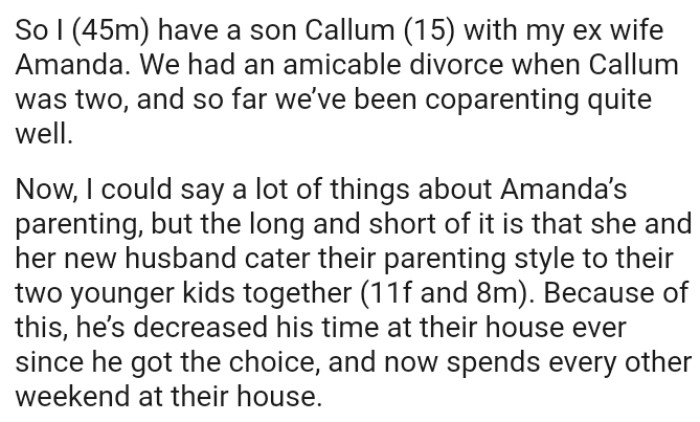 OP's ex-wife and her new husband cater their parenting style to their two younger kids together