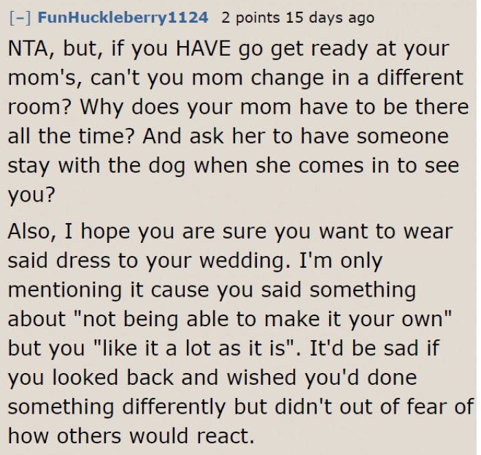 Others are suggesting more ways to keep the dog away from her while fitting the dress.