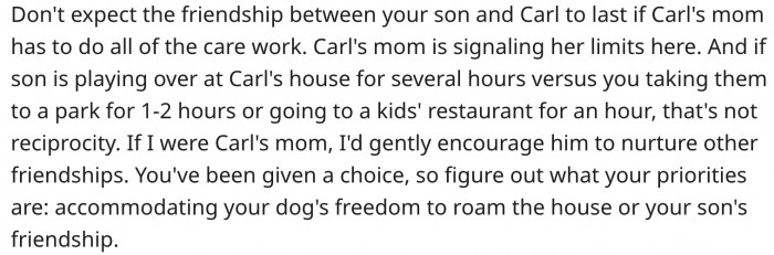The man should choose what's more important: his son's friendship or the dog's freedom.
