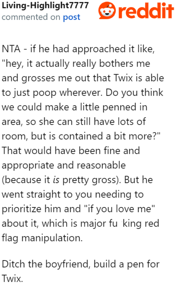 A user believes that while the OP's setup is indeed gross, the boyfriend's response is inappropriate and manipulative.