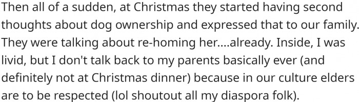 However, at Christmas, his parents started having second thoughts about dog ownership and expressed that to their family.