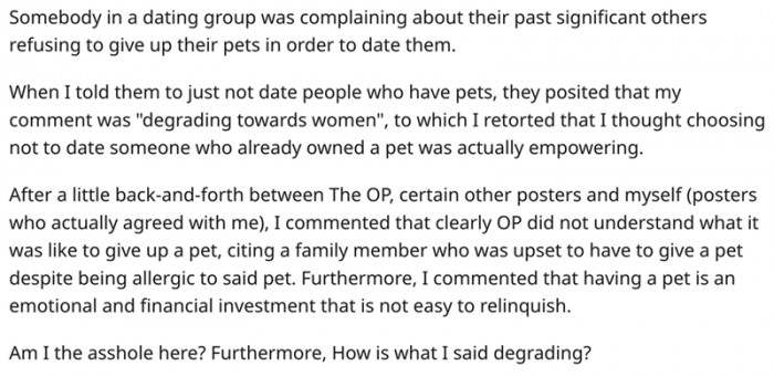 Someone complained about their past significant others refusing to give up their pets
