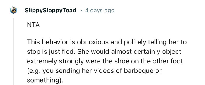 “NTA. This behavior is obnoxious and politely telling her to stop is justified.”