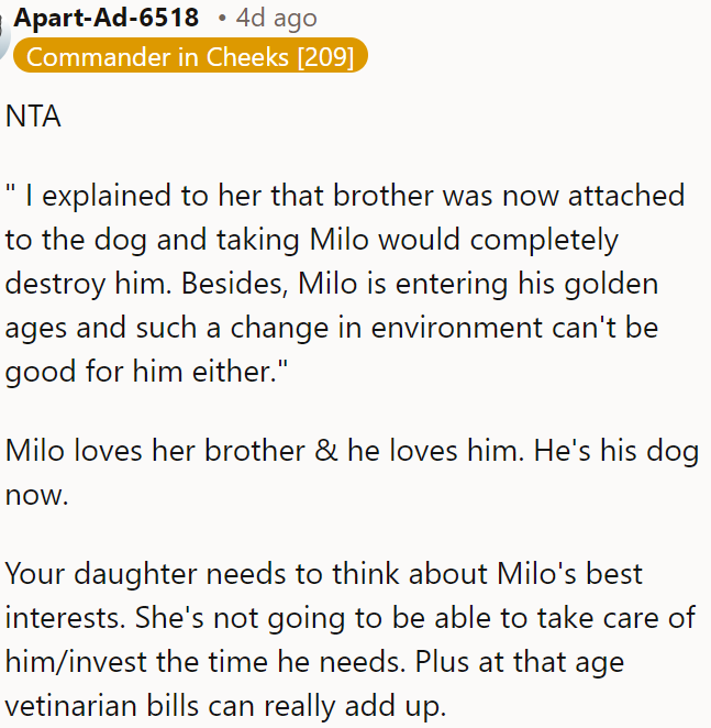 Milo's well-being and the bond with her brother should be prioritized, as moving him could be harmful, and she may be unable to provide the necessary care and resources.