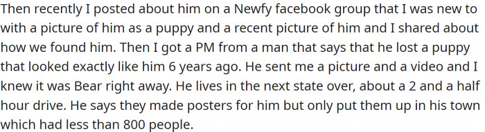 She recently posted his pictures in a Facebook group, and the previous owner sent her a DM.