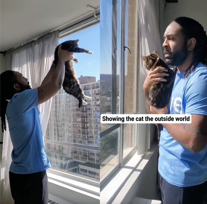 His adventures with his cats didn't end with one reel; he shared more things that cat people would do.