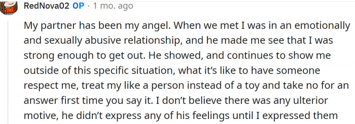 Her partner is a loving and caring man. He is her angel.